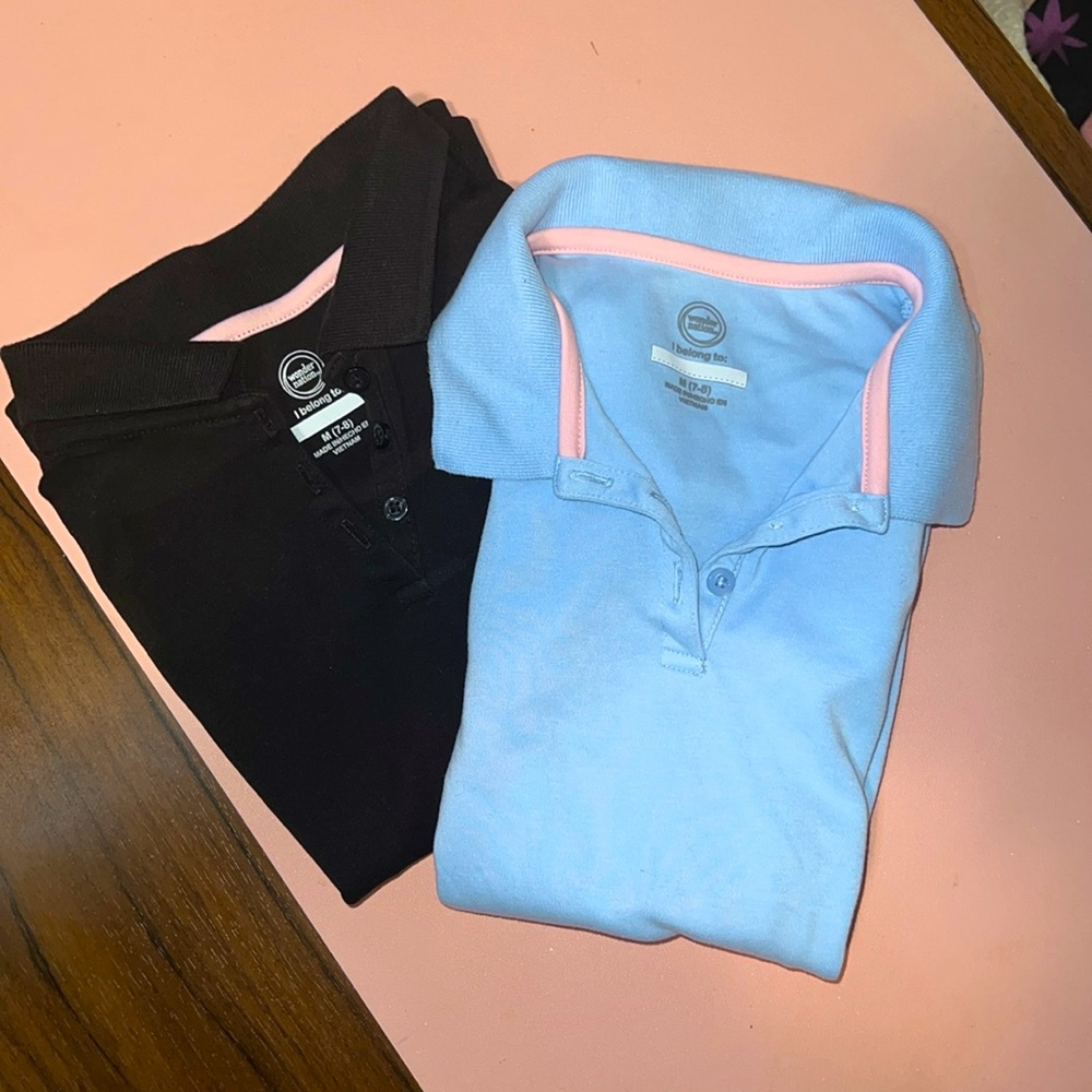 Girls' School Shirts: Black & Light Blue, Size M 7/8
